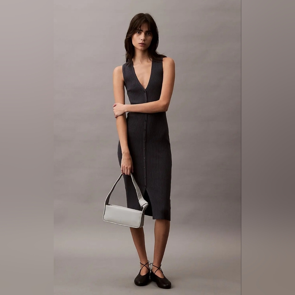New Calvin Klein Black Cotton Rib V-Neck Polo Bodycon Midi Dress Large